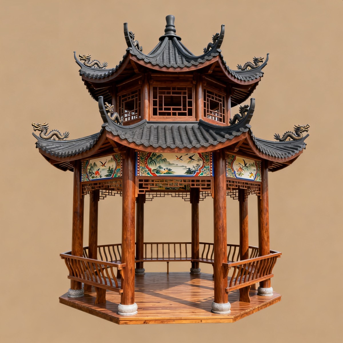 湖南仿古风格防腐木凉亭,实木凉亭,木亭